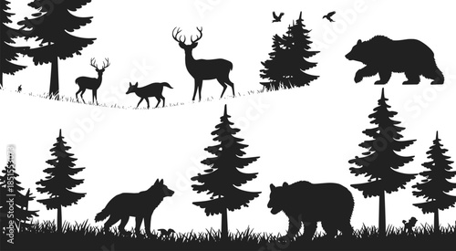 Forest wildlife silhouettes scene, deer wolf bear and trees landscape, wild animals nature illustration, black shapes isolated on white