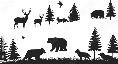   
Forest wildlife silhouettes, deer and bears, wolves in nature, birds flying, conifer trees, black and white art, animal diversity scene