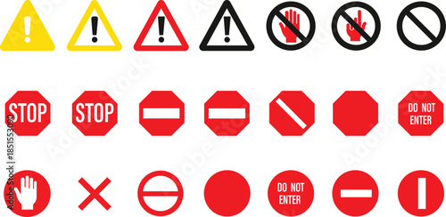 Warning and prohibition icons for safety signs and symbols, flat vector set