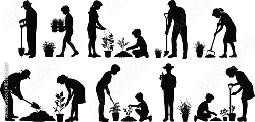 Gardening silhouettes set, people planting watering and digging, family and farmers working together, eco lifestyle nature concept illustration