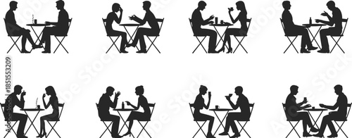 Cafe silhouettes, people talking, black white art, social interaction, table scene, beverage moment, dining posture, communication gesture, casual setting