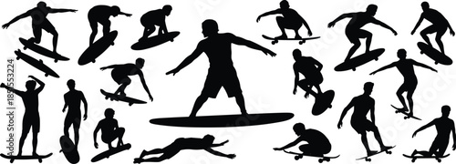 Skateboarder silhouette collection performing tricks jumps and stunts representing street culture extreme sport youth lifestyle action freedom motion