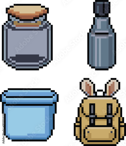 Pixel art containers, retro style, glass jar, thermos bottle, plastic box, bunny backpack, 2x2 grid, game assets
