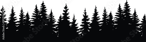Pine forest silhouette border, dense evergreen trees landscape, black woodland nature scene, minimalist outdoor background isolated on white