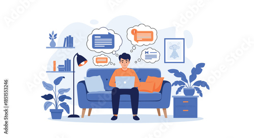 Young man sitting on a sofa with a laptop, distracted by multiple thought bubbles representing notifications, messages, and tasks.