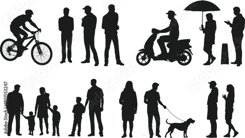 Collection of silhouettes featuring people walking, cycling, riding scooter, families with children, person with dog, umbrella, and traveler with luggage