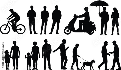 People silhouettes in daily activities, walking, cycling, family, scooter riding, umbrella standing, dog walking, urban lifestyle illustration