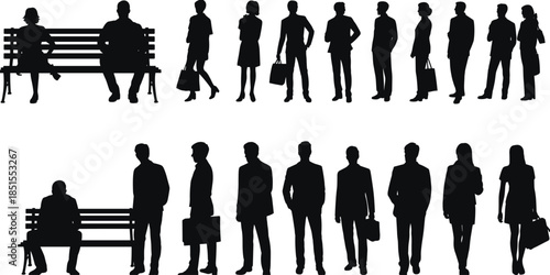 Public silhouettes, people on benches, black and white art, diverse postures, business attire, casual clothing, accessories, urban scene, waiting area