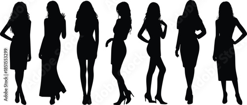 Fashion woman silhouette collection posing in elegant dresses representing style beauty confidence glamour female fashion model and modern lifestyle concept