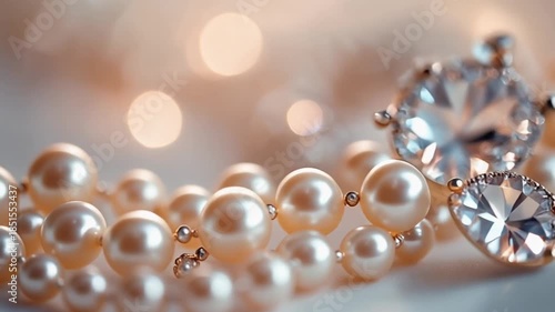 Luxurious pearl necklace with diamond clasp on white surface with bokeh lights
