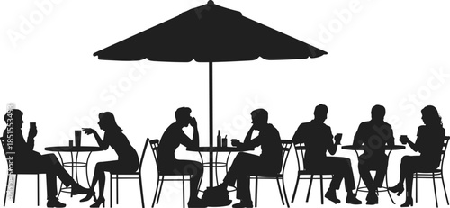 Cafe people silhouette sitting and talking at outdoor tables under umbrella representing social interaction leisure lifestyle urban coffee culture concept