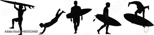 Surfer silhouette sequence showing carrying surfboard diving walking and riding waves representing ocean sport lifestyle summer adventure freedom action
