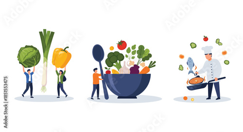 Set of three illustrations showing people interacting with fresh vegetables and a chef cooking fish, promoting healthy eating habits.
