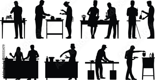 People cooking silhouette collection showing chefs and home cooks preparing food representing kitchen activity culinary art teamwork lifestyle concept