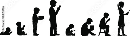 Digital evolution, human growth stages, silhouette progression, mobile device use, technology impact, childhood to adulthood, black white art, tech journey