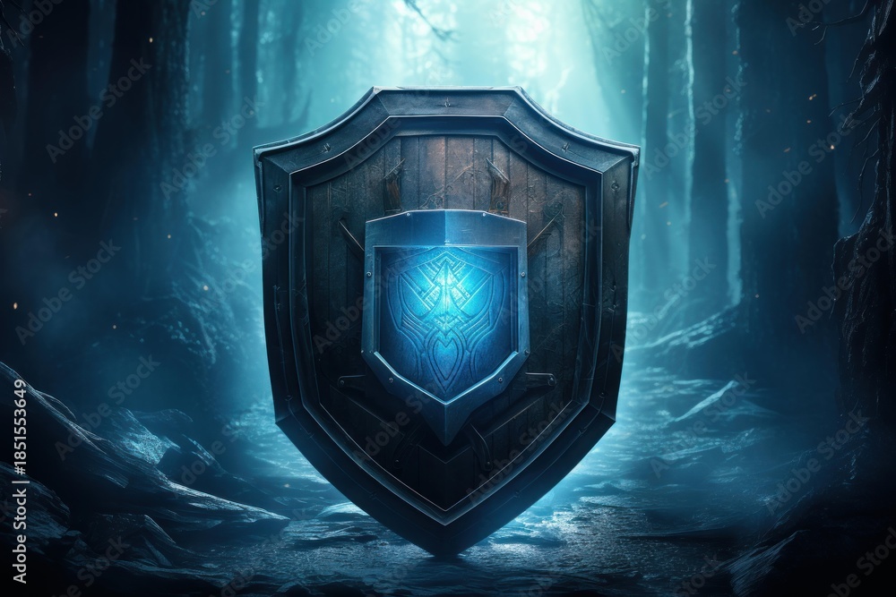 Fototapeta premium Magical shield radiating blue energy in a mysterious, enchanted woodland