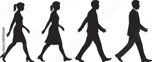 People silhouettes walking side view, men and women in motion sequence, human movement evolution concept, black figures isolated on white