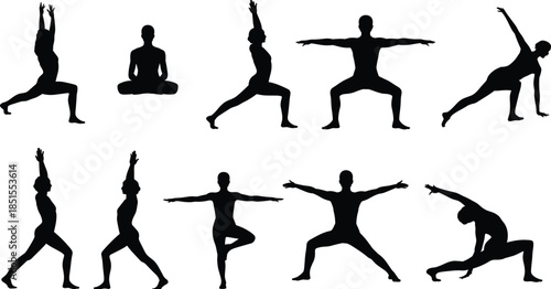 Yoga poses silhouettes set, men and women practicing meditation and balance, healthy fitness mindfulness concept, black figures isolated
