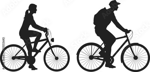 Cyclists silhouettes riding bicycles, man and woman biking together, active outdoor lifestyle transport concept, black figures isolated on white