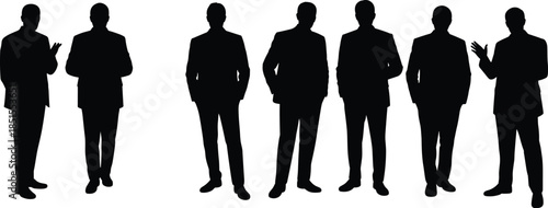 Business men silhouettes standing confidently, professional corporate leaders in formal suits, teamwork and success concept, black figures isolated