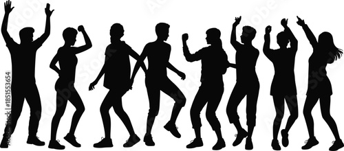 Dancing people silhouettes set, men and women celebrating together, energetic party crowd movement, fun nightlife concept, black vector illustration isolated white background