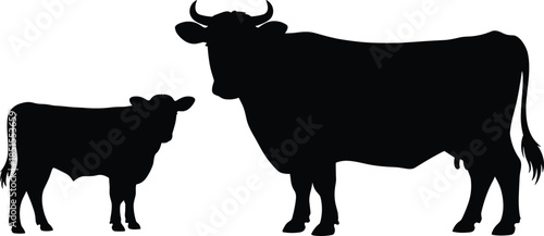 Black Silhouette of Cow and Baby Calf Standing Together Isolated on White Background Representing Cattle Livestock Farm Animals and Agriculture