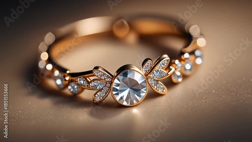 Rose gold diamond ring with leaf design on brown background