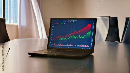 A close-up of the business meeting room table shows a laptop screen lit up, displaying a cross-market comparison line chart. The stock curve is rising in red, correlated with the stock price movement.