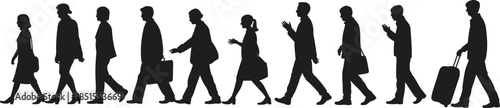 Walking people silhouettes set, men women commuting with bags and luggage, urban crowd movement concept, black vector illustration isolated white background