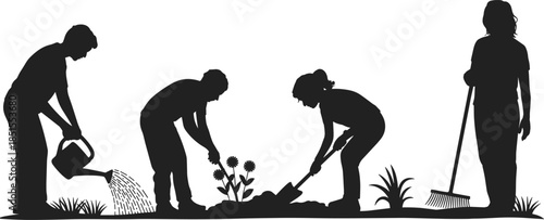 People gardening silhouettes watering planting and digging soil, teamwork outdoor activity, eco friendly lifestyle and sustainable nature concept illustration
