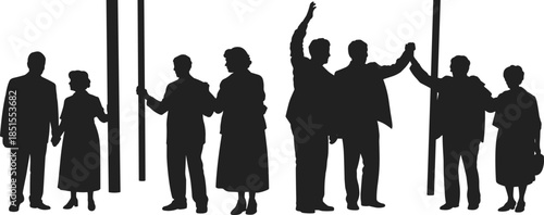 Optical illusion, visual puzzle, human silhouettes, pole perspective trick, spatial perception, mind-bending art, surreal geometry, depth confusion, abstract scene, visual cognition