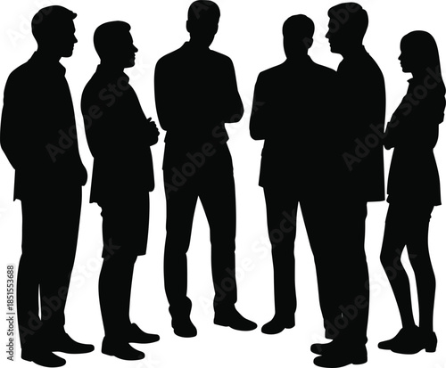 Group silhouettes, people interaction, black and white art, social dynamics, teamwork concept, communication scene, posture diversity, modern illustration