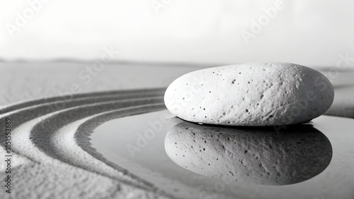 A serene zen garden features balanced stones and white pebbles on raked sand, creating a harmonious spa concept of meditation and spiritual wellness through simplicity and calm nature