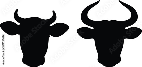 Black Silhouette of Cow and Bull Head Icons Isolated on White Background Featuring Horned Cattle Livestock Farm Animal Graphic Symbols