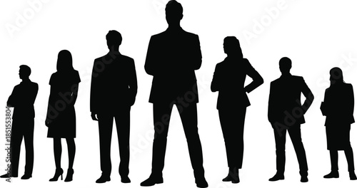 Black Silhouettes of Professional Business Team Standing Confidently with Leader in Center Isolated on White Background for Corporate Leadership Concept