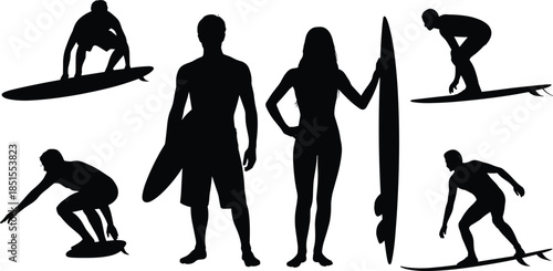 Surfer silhouette collection showing men and women riding waves holding surfboards representing ocean sport lifestyle summer adventure fitness freedom action