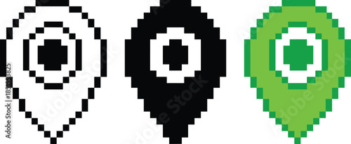 Pixel location pins, navigation icons, map markers, teardrop shape, black white green, retro style, GPS symbols, pixel art