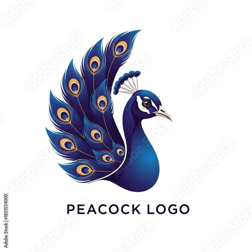 Elegant Blue Peacock Bird Logo Design with Gold Eye Feathers on White Background
