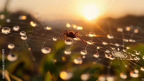 Spider on Web with Dew Drops at Sunrise.