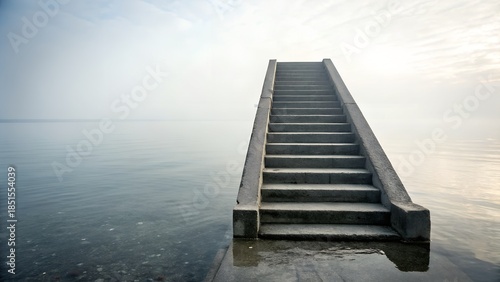 A 3d architecture concept of a stairway to heaven where steps and a ladder climb high through a building door toward the sky for business success and dream achievement