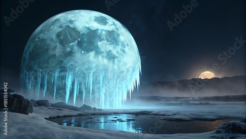 A massive, glowing, icy moon with long icicles hangs over a frozen, desolate landscape under a dark night sky with another distant celestial body