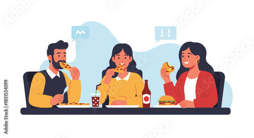 Group of three friends sitting at a table, happily eating pizza and burgers together in a restaurant or at home.