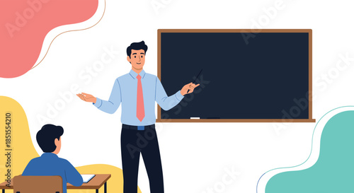 Male teacher pointing to a blank chalkboard while teaching a lesson to a student sitting at a desk in a classroom.