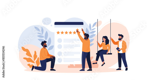 Team of people collaborating to give a five-star rating on a large review form, symbolizing excellent customer feedback and satisfaction.