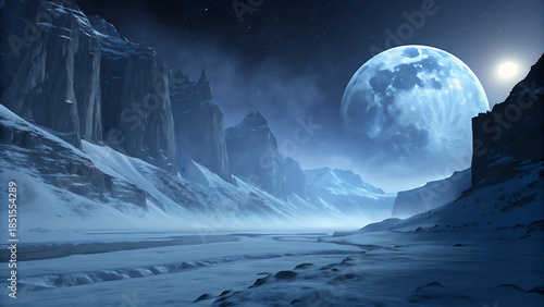 A dramatic, cold, and mysterious night landscape featuring towering, snowcovered mountains under the light of a massive, bright blue moon in a frozen valley