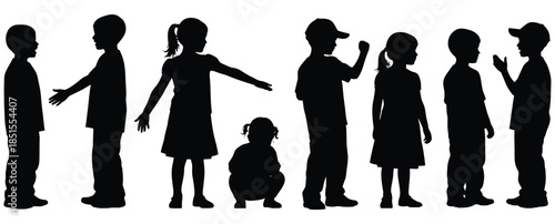 Black silhouettes of children in various poses on white background vector