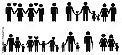 Black stick figure families and couples holding hands on white background family people
