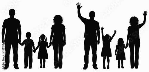 Black silhouettes of two families one standing holding hands other waving family people