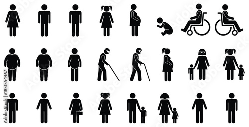 Collection of black human silhouette icons representing diversity and life stages person
