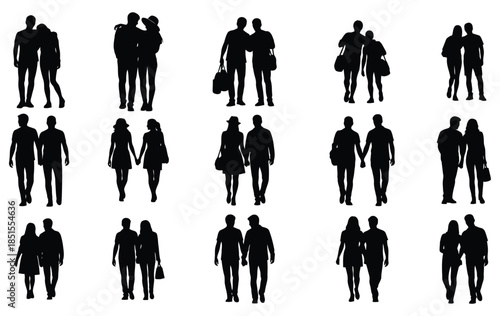 Silhouettes of couples and individuals walking and embracing woman